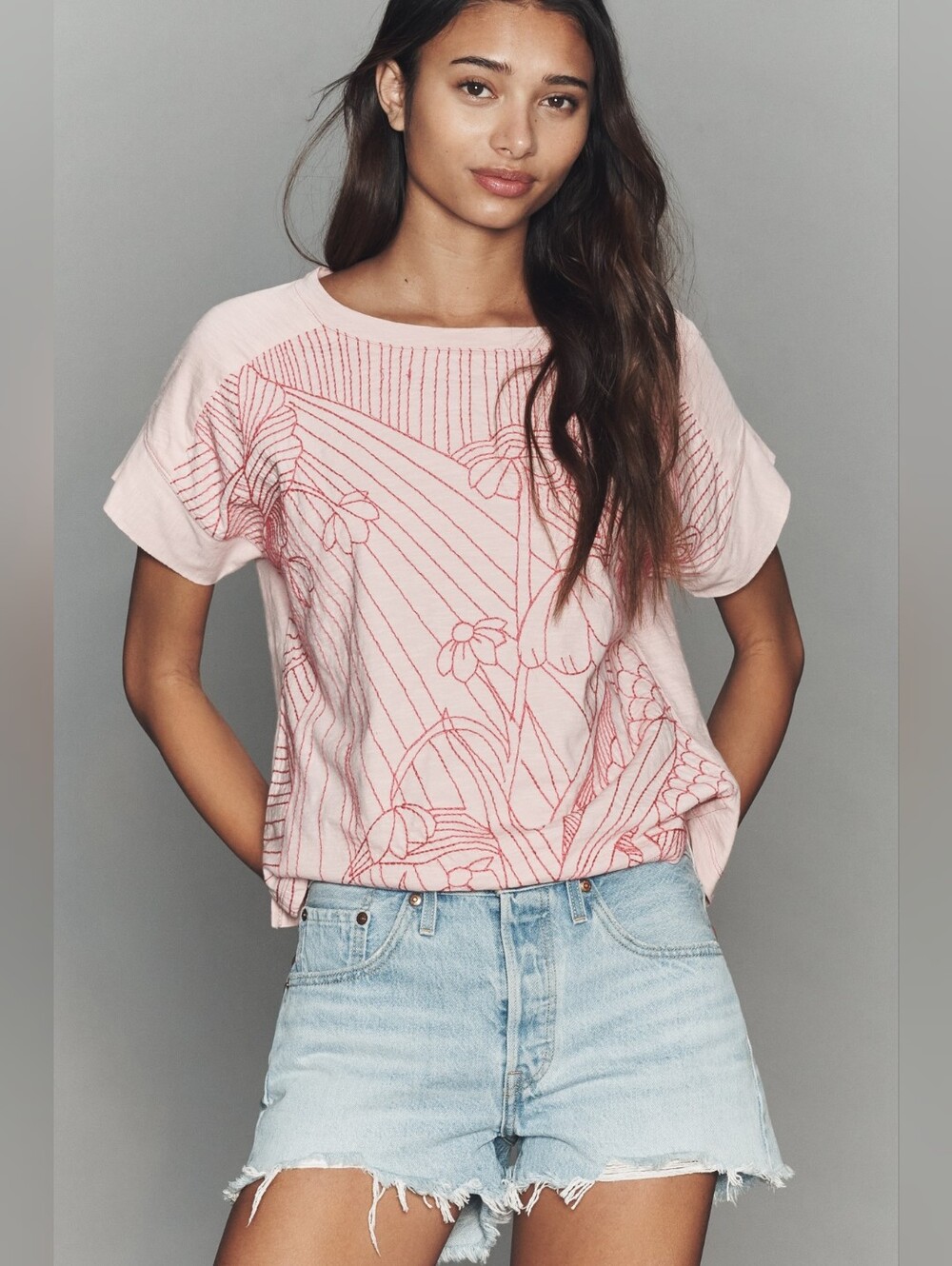 🪷NWT By Anthropologie 100% Cotton Stitched Tee, Coral Blush, size S - Picture 2 of 3